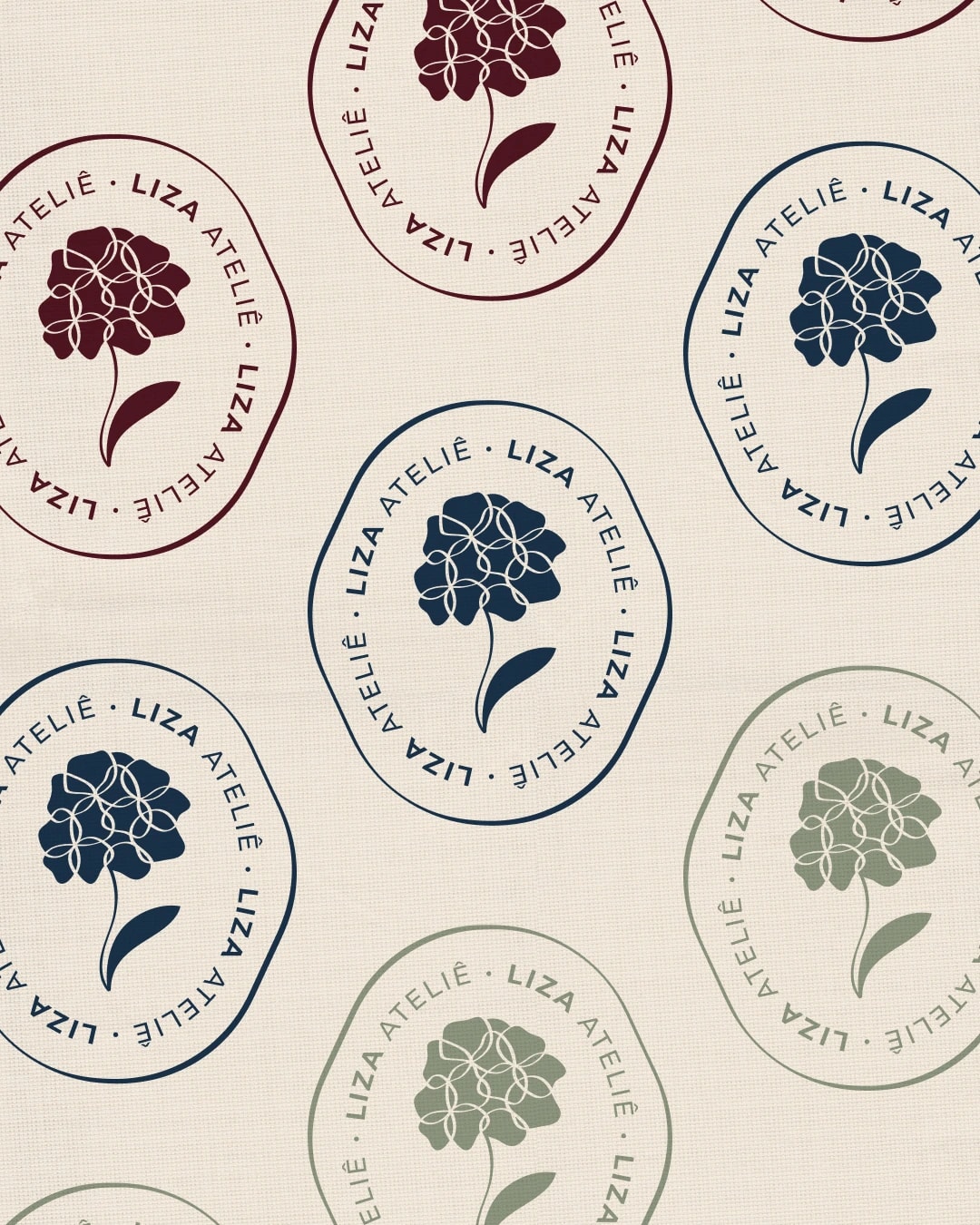 Selos da marca com símbolo de hortênsia nas cores vinho, azul e verde do projeto ELISA MOREIRA