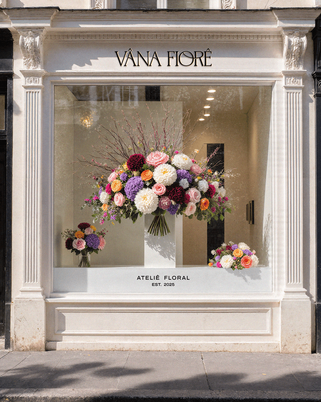 Fachada do ateliê floral com a identidade visual do projeto VÂNA FIORÊ