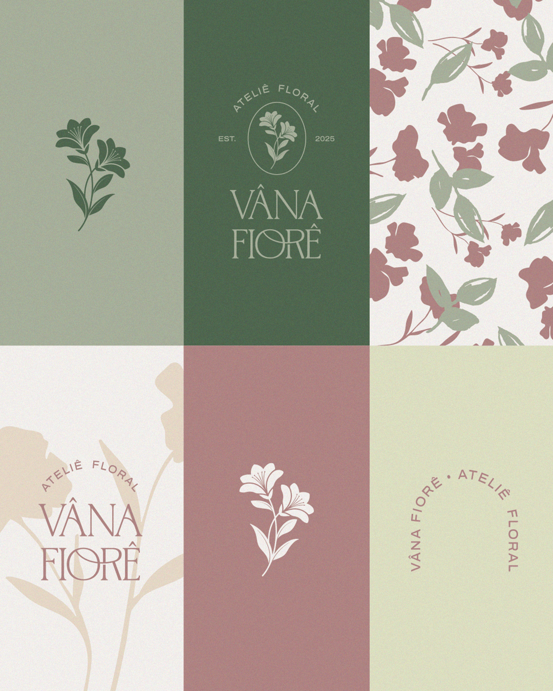 Sistema visual com símbolo, logotipo e padronagem floral do projeto VÂNA FIORÊ
