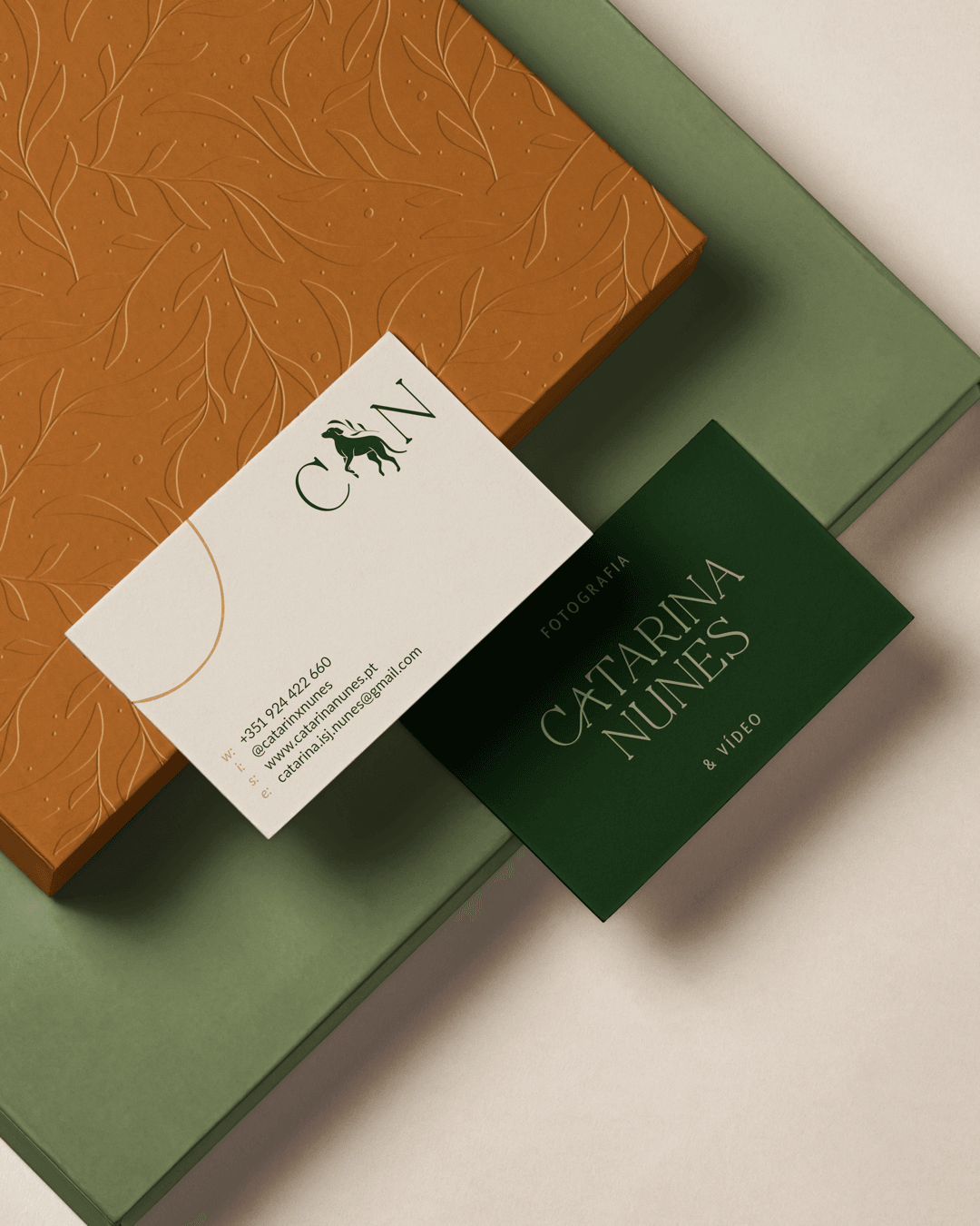 Cartões de visita sobre a paleta terrosa da marca do projeto CATARINA NUNES