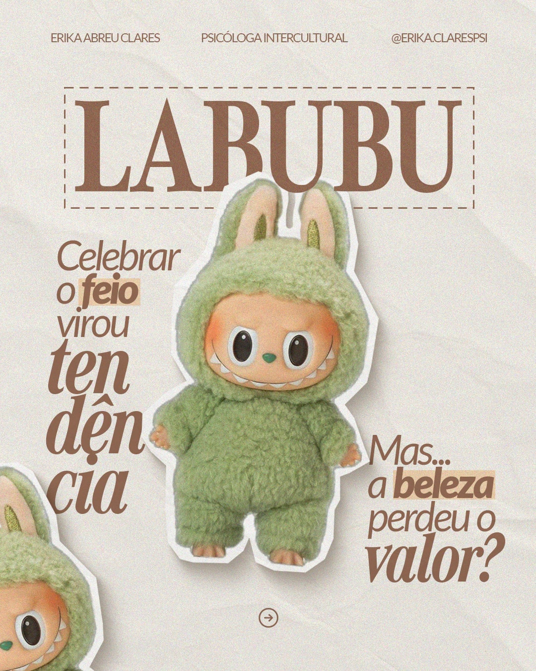 Capa sobre Labubu, beleza e valor do projeto ERIKA ABREU CLARES