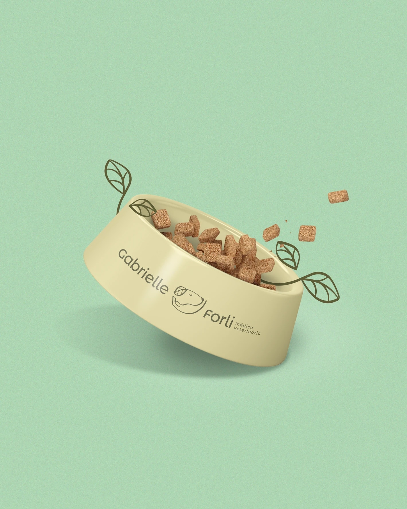 Comedouro para pet personalizado com o logotipo e grafismos de folhas do projeto GABRIELLE FORLI