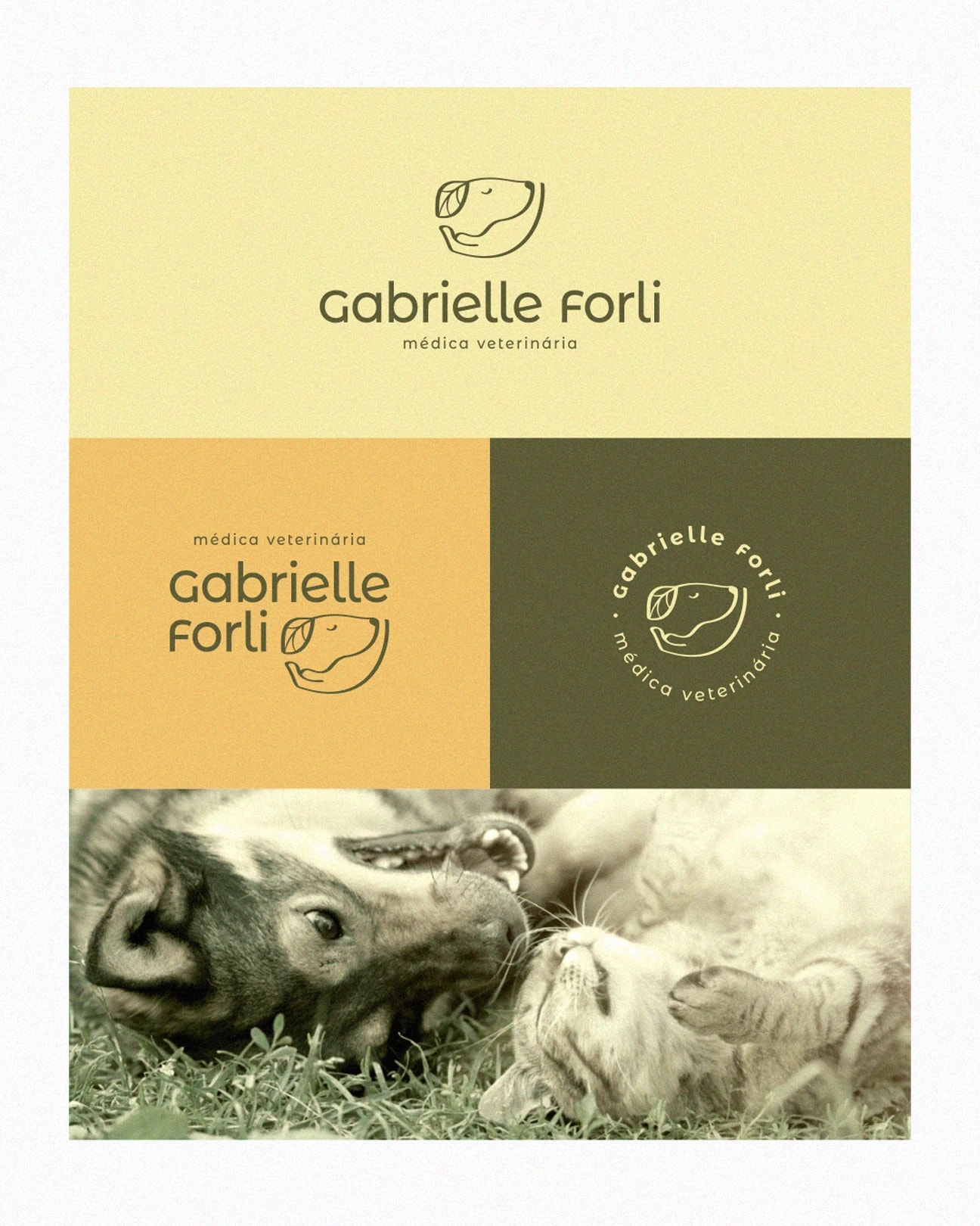 Sistema de assinaturas visuais com símbolo de cão e folha do projeto GABRIELLE FORLI
