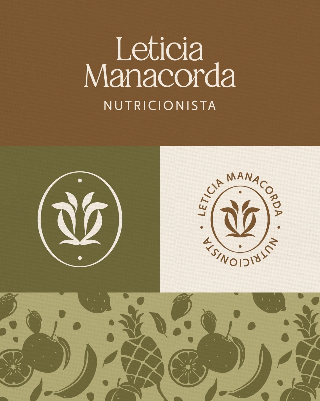 Sistema visual com logotipo, símbolo, selo e padronagem inspirada em frutas do projeto LETICIA MANACORDA