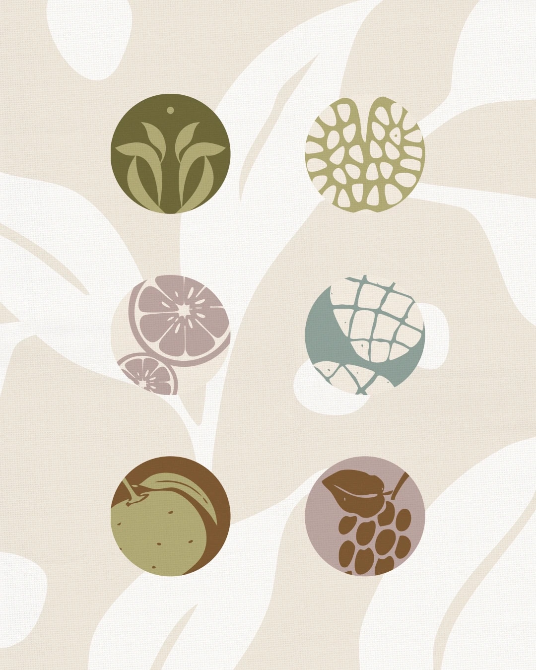 Ícones de frutas e folhas nas cores da identidade visual do projeto LETICIA MANACORDA