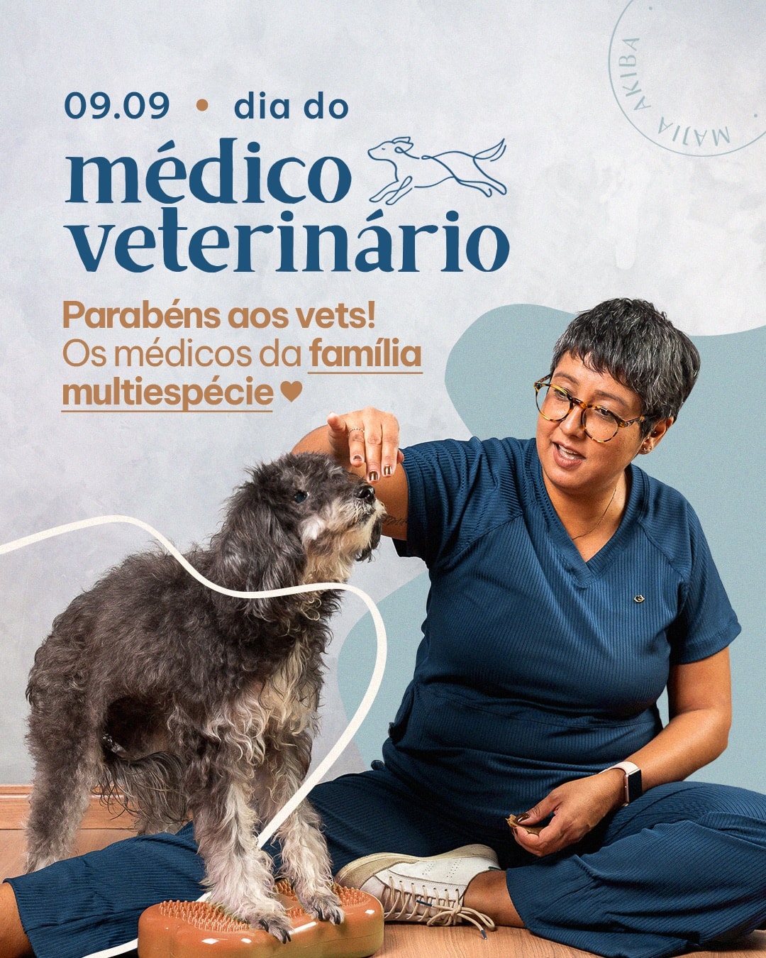 Post de Dia do Médico Veterinário com Majia e um cão do projeto MAJIA AKIBA