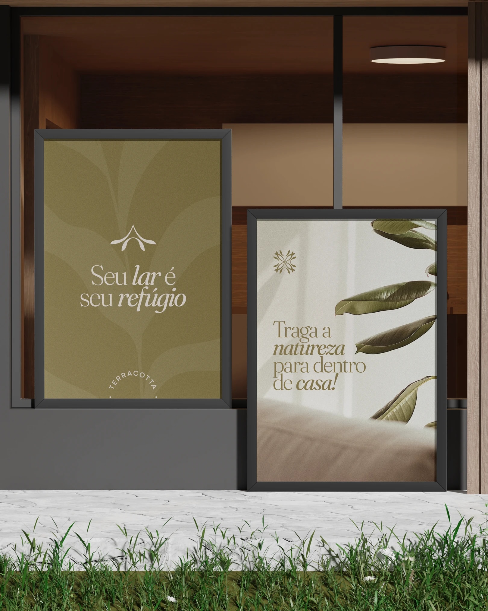 Quadros decorativos com mensagens e elementos da identidade do projeto TERRACOTTA