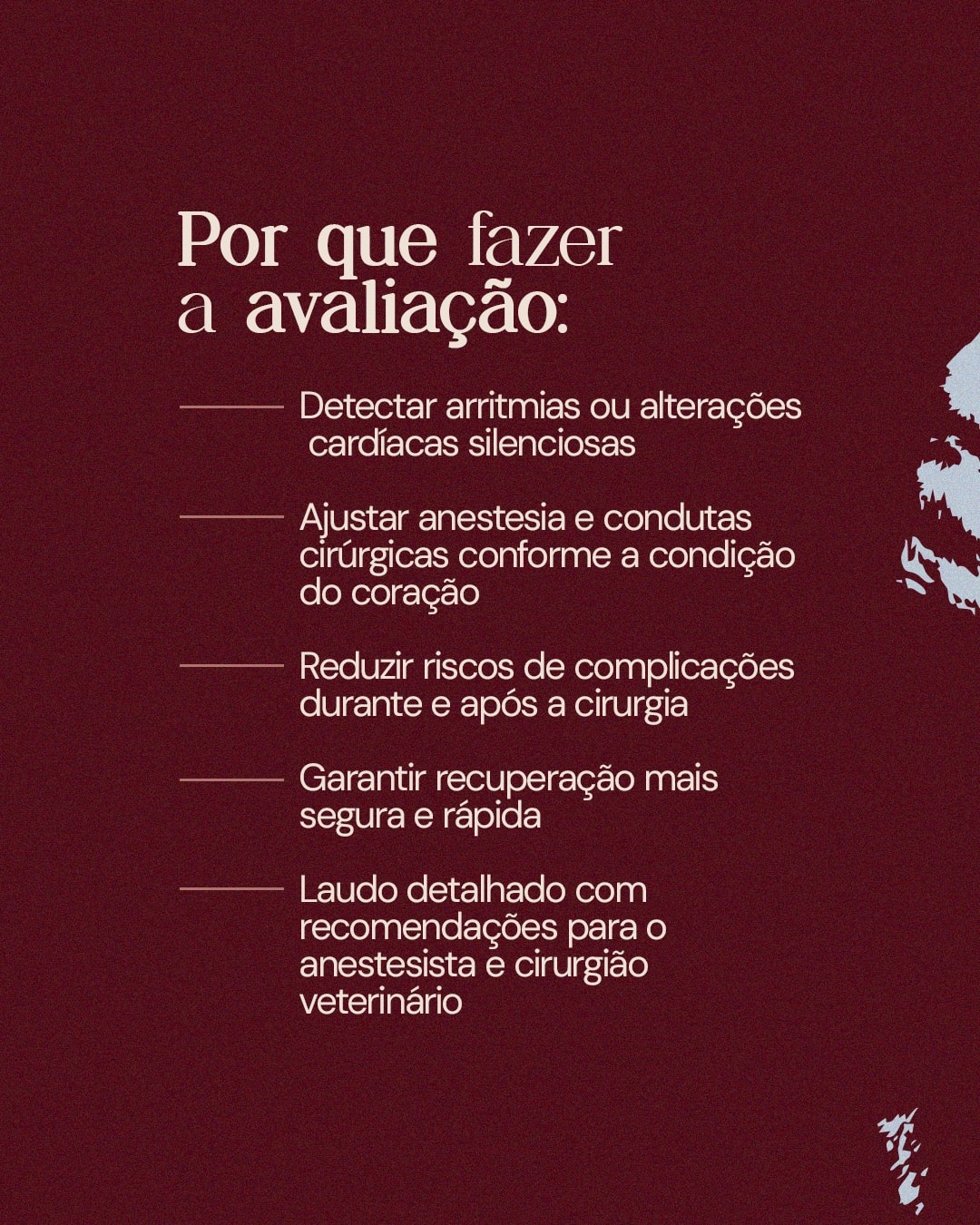Motivos para realizar a avaliação cardiológica pré-cirúrgica do projeto DRA. THAIS MARCOTO