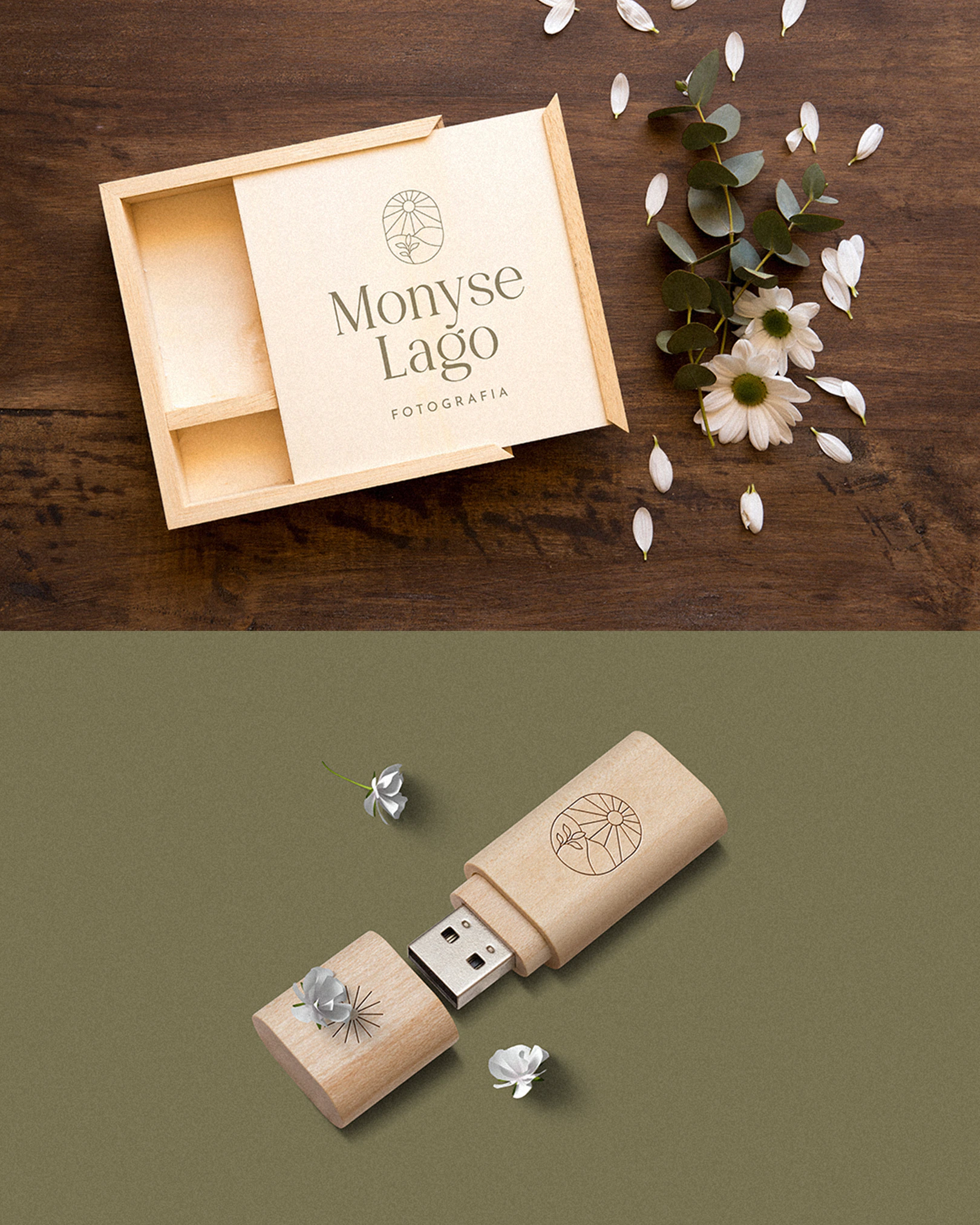 Caixa de fotografias e pendrive de madeira com o símbolo da marca do projeto MONYSE LAGO